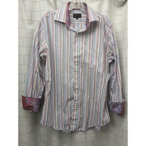 Haggar Red & Blue Striped Shirt Men's Size Medium Paisley Brocade Cuffs